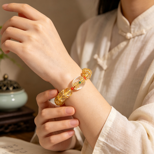 Natural Golden Rutilated Quartz Oval Clear Quartz Citrine Wealth Bracelet