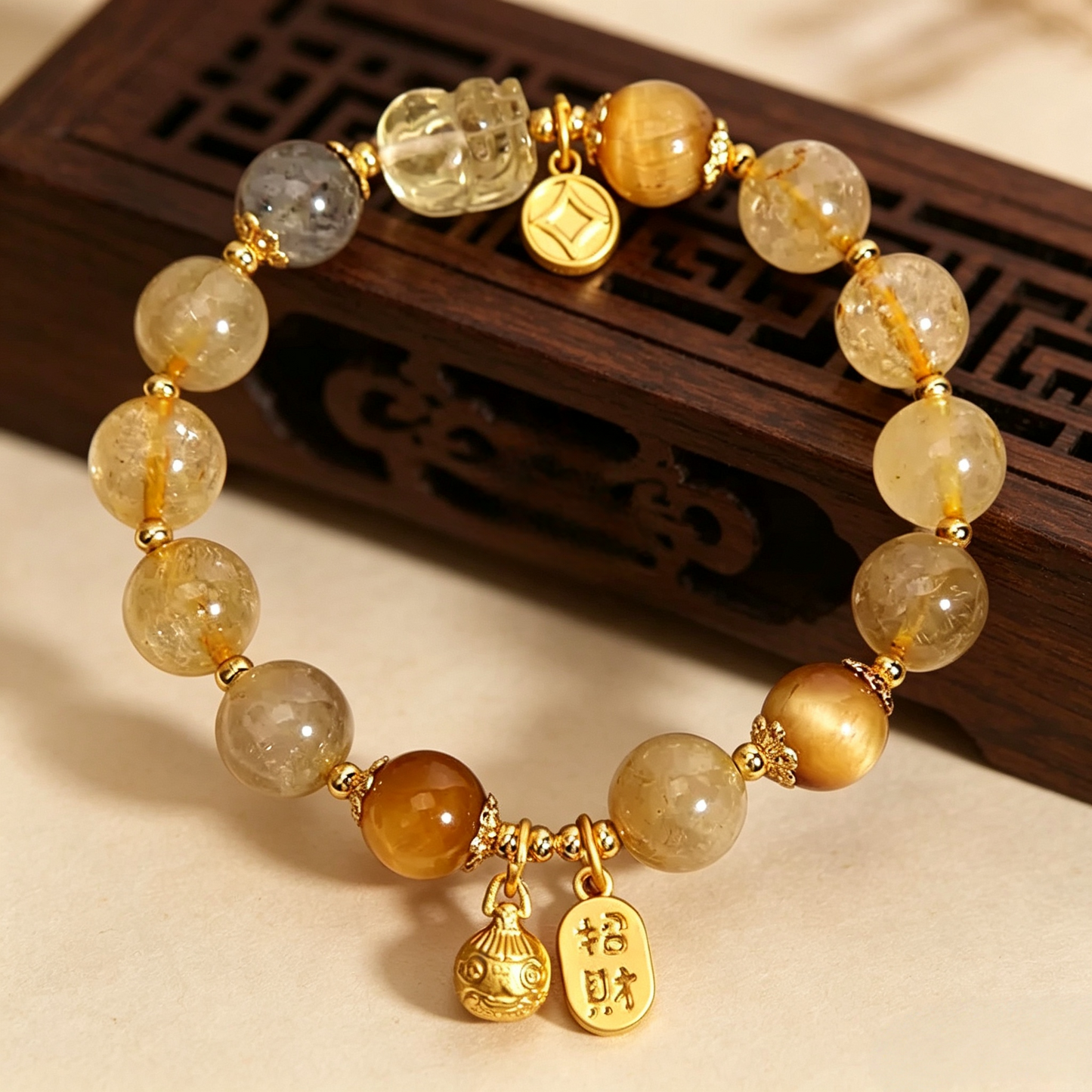 Natural Golden Rutilated Quartz Moonstone Pixiu Fortune Plaque Bracelet
Luxury golden crystal pixiu fortune plaque women wrist bracelet
Wealth protection natural rutilated quartz hand accessory for daily matching
Auspicious fortune gathering premium crystal blessing jewelry gift