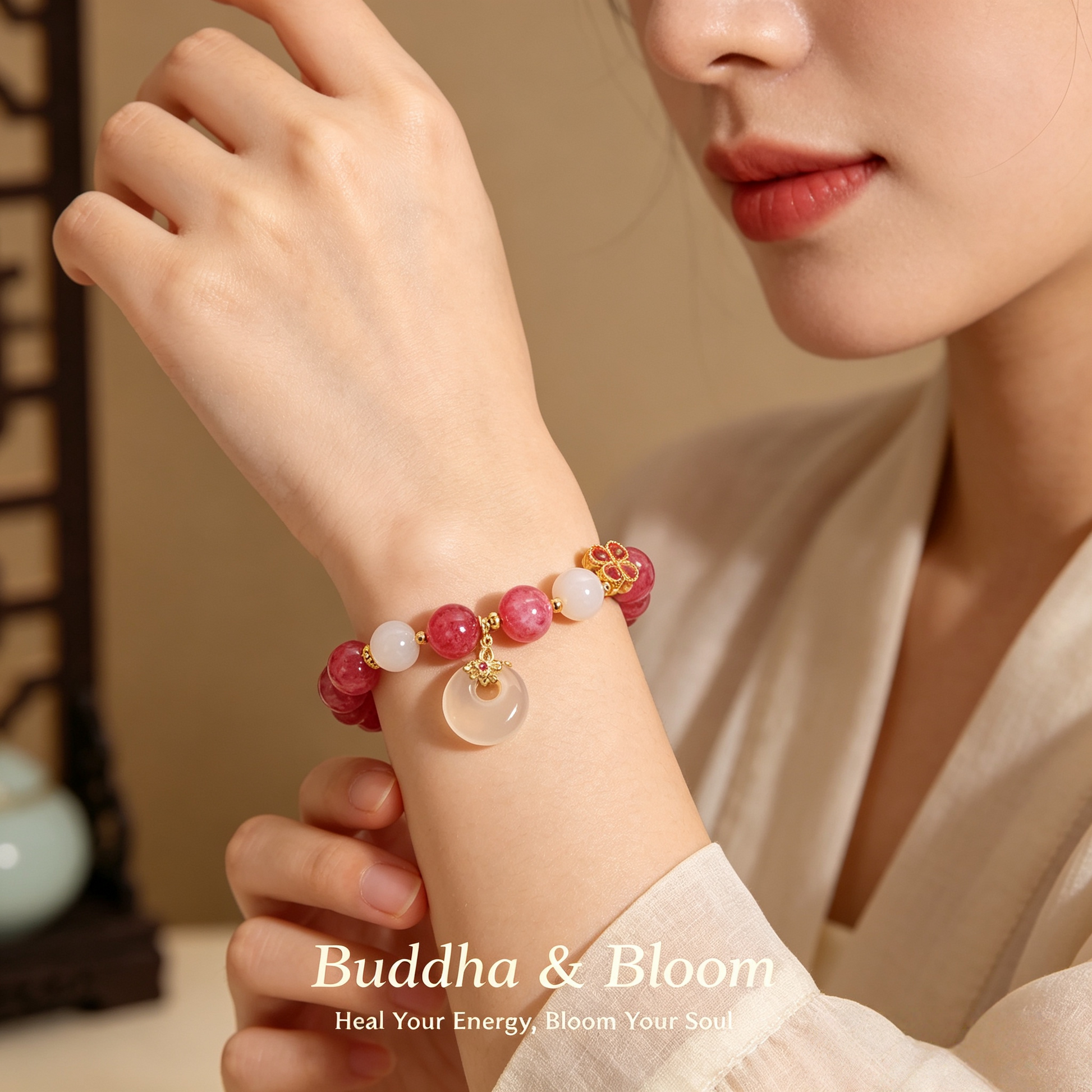 New Chinese Style Pink Tourmaline Peace Buckle Four-leaf Clover Pendant Bracelet
Retro four-leaf clover peace buckle pink tourmaline women wrist bracelet
Lucky protective chalcedony crystal hand accessory for daily outfit matching
Oriental auspicious blessing delicate gem jewelry gift for ladies