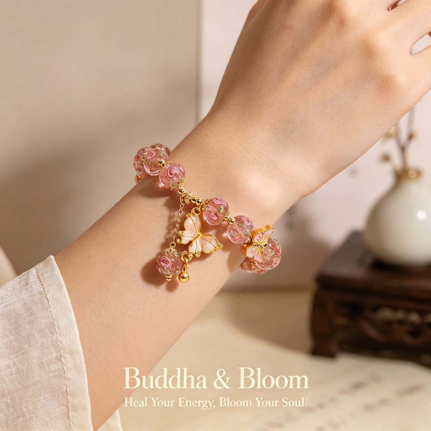 New Chinese Style Rose Garden Butterfly Pendant Glass Bracelet
