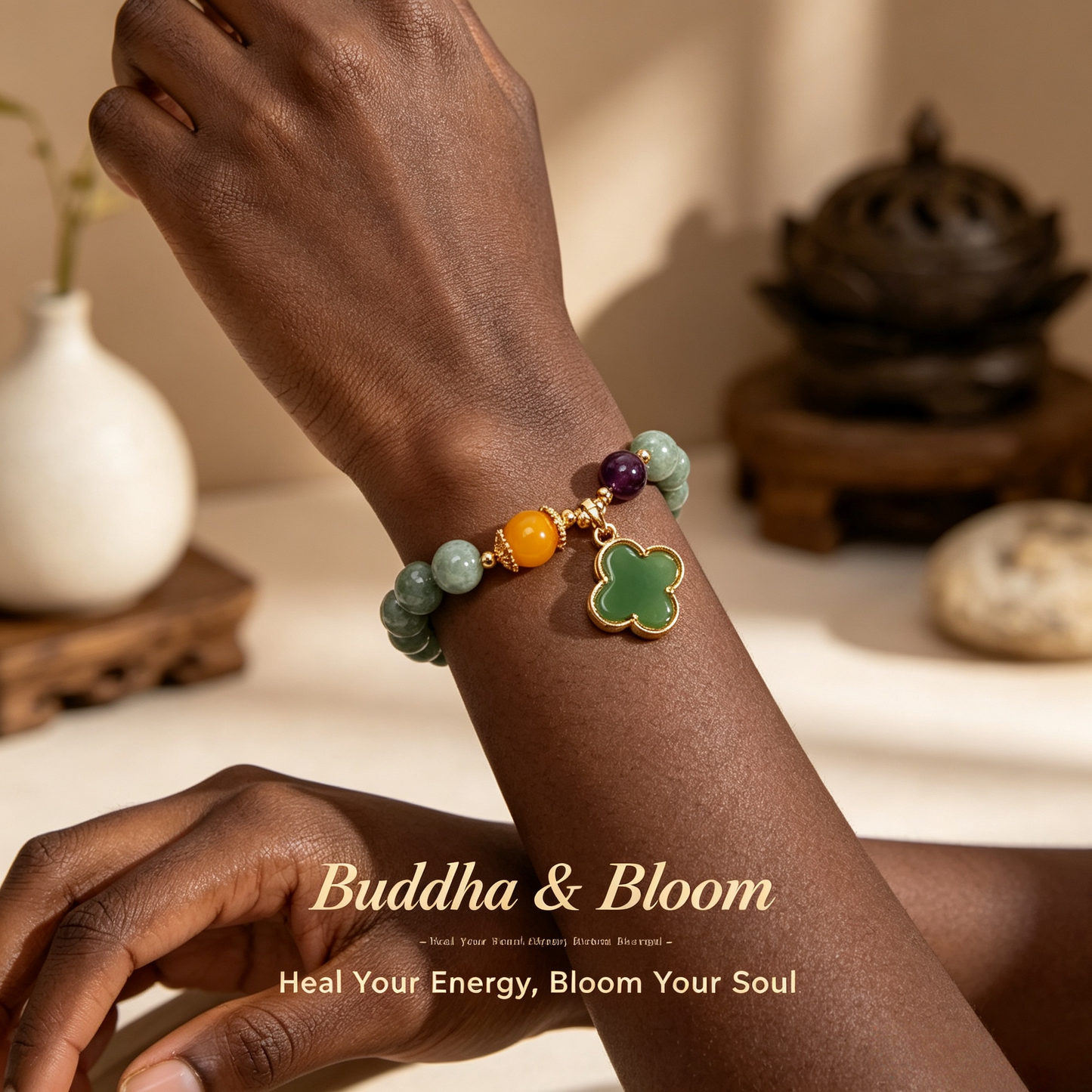 Natural Four-Leaf Clover Jade Lucky Gemstone Bracelet for Blessing, Peace & Gentle Charm