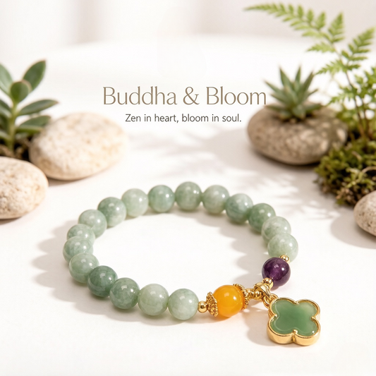 Natural Four-Leaf Clover Jade Lucky Gemstone Bracelet for Blessing, Peace & Gentle Charm