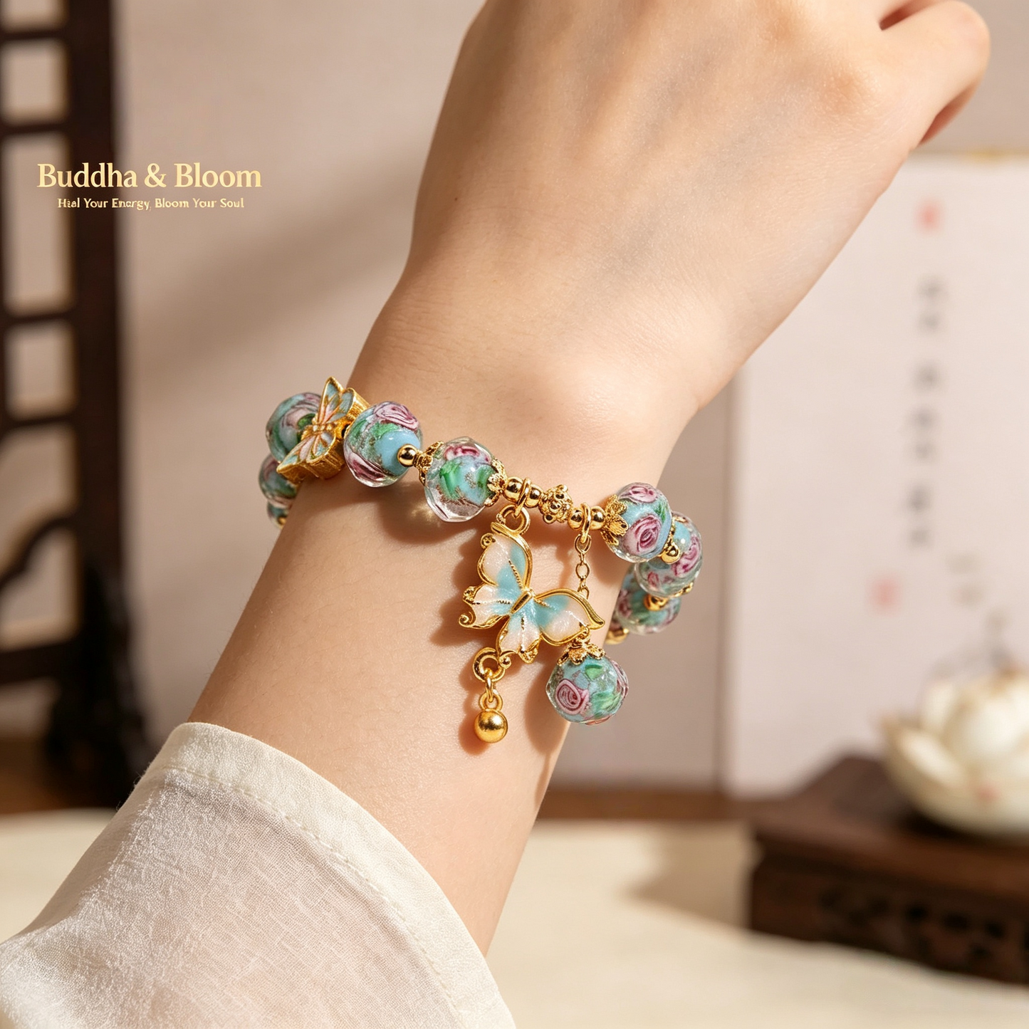 New Chinese Style Rose Garden Butterfly Pendant Glass Bracelet
