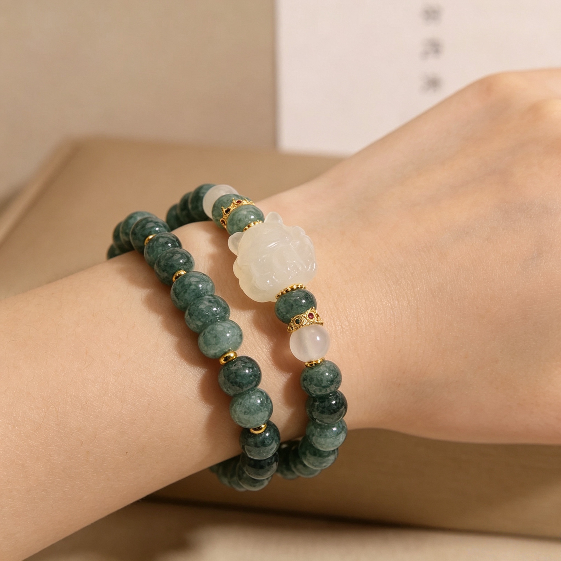 Natural Blue Water Jadeite Chalcedony Fox Double Layer Luxury Women Bracelet
