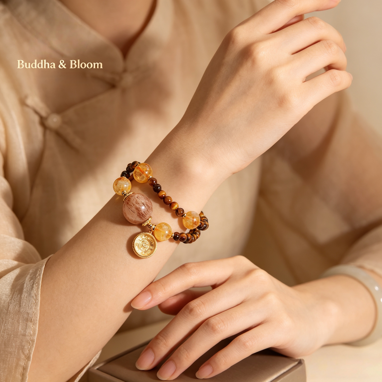 Natural Yellow Tower Quartz Tiger's Eye New Chinese Double Layer Wealth Bracelet
