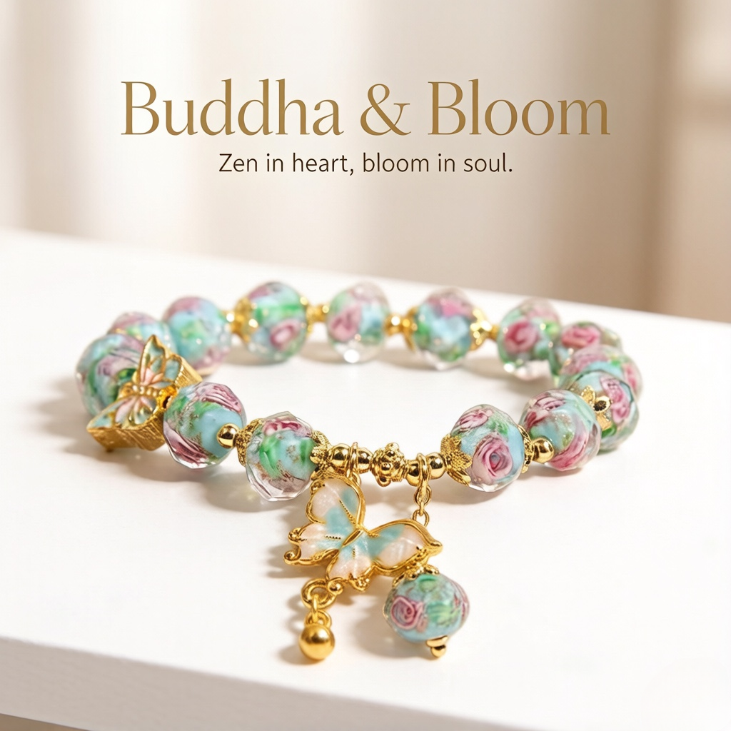 New Chinese Style Rose Garden Butterfly Pendant Glass Bracelet
