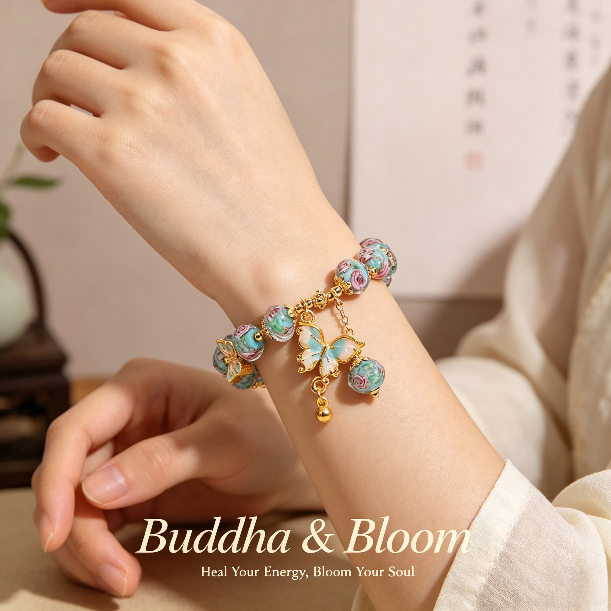New Chinese Style Rose Garden Butterfly Pendant Glass Bracelet
