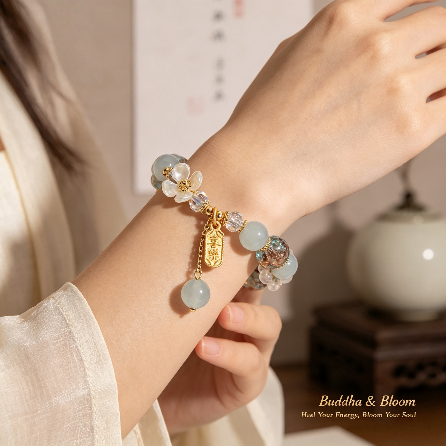 Natural Chalcedony Crystal Glass Flower Pendant Peace Joy Bracelet
Elegant flower pendant chalcedony crystal women daily wrist bracelet
Peace joy blessing natural stone hand accessory for outfit matching
Delicate floral style healing protective jewelry gift for ladies