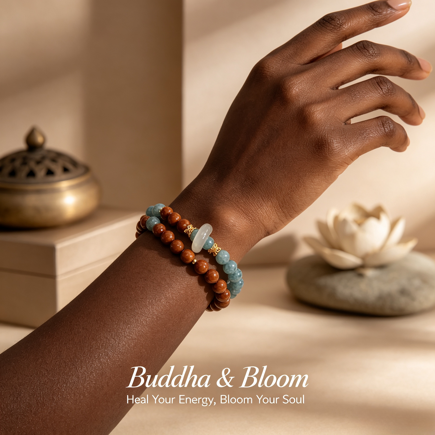 Natural Kuka Wood Double Loop Blue Water Jade Chalcedony Sliding Ring Bracelet
