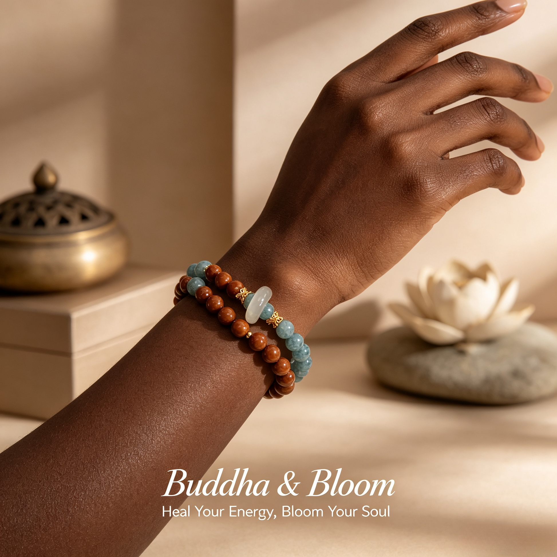 Natural Kuka Wood Double Loop Blue Water Jade Chalcedony Sliding Ring Bracelet
