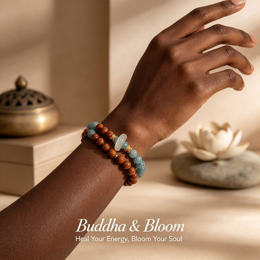 Natural Kuka Wood Double Loop Blue Water Jade Chalcedony Sliding Ring Bracelet
