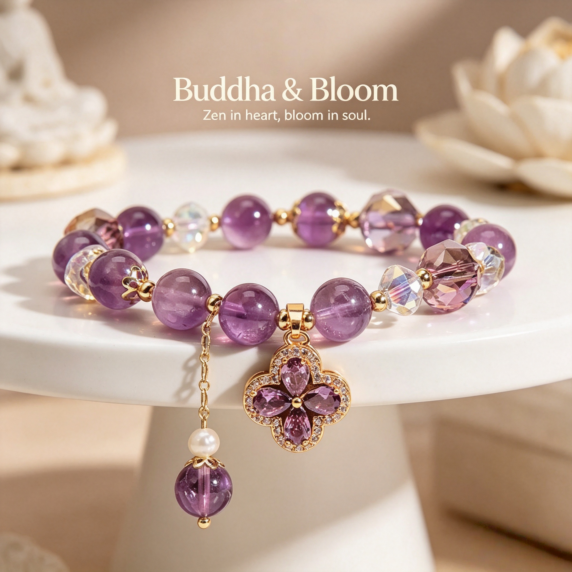 Natural Four-Leaf Clover Purple Crystal Lucky Gemstone Bracelet
