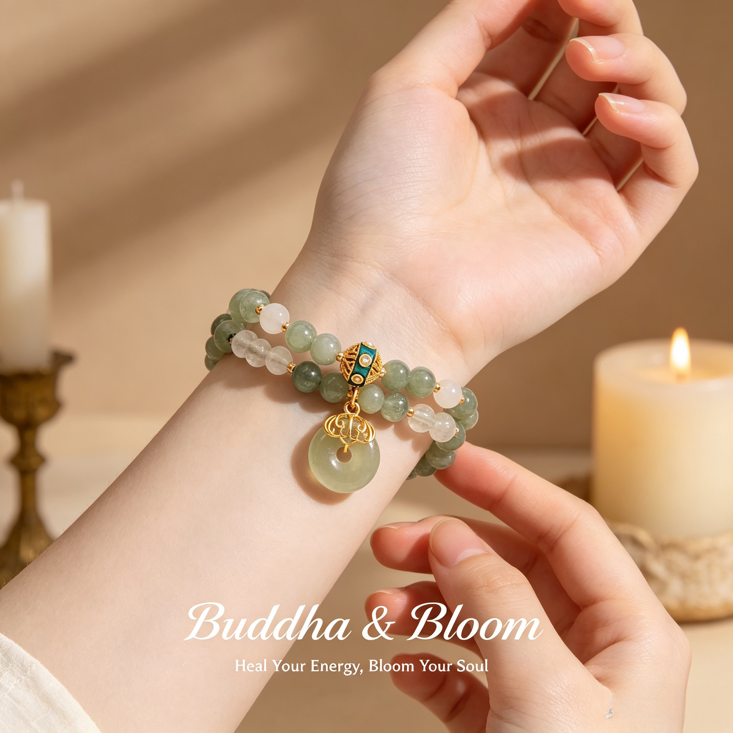 New Chinese Style Double Layer Aventurine Peace Buckle Pendant Bracelet
