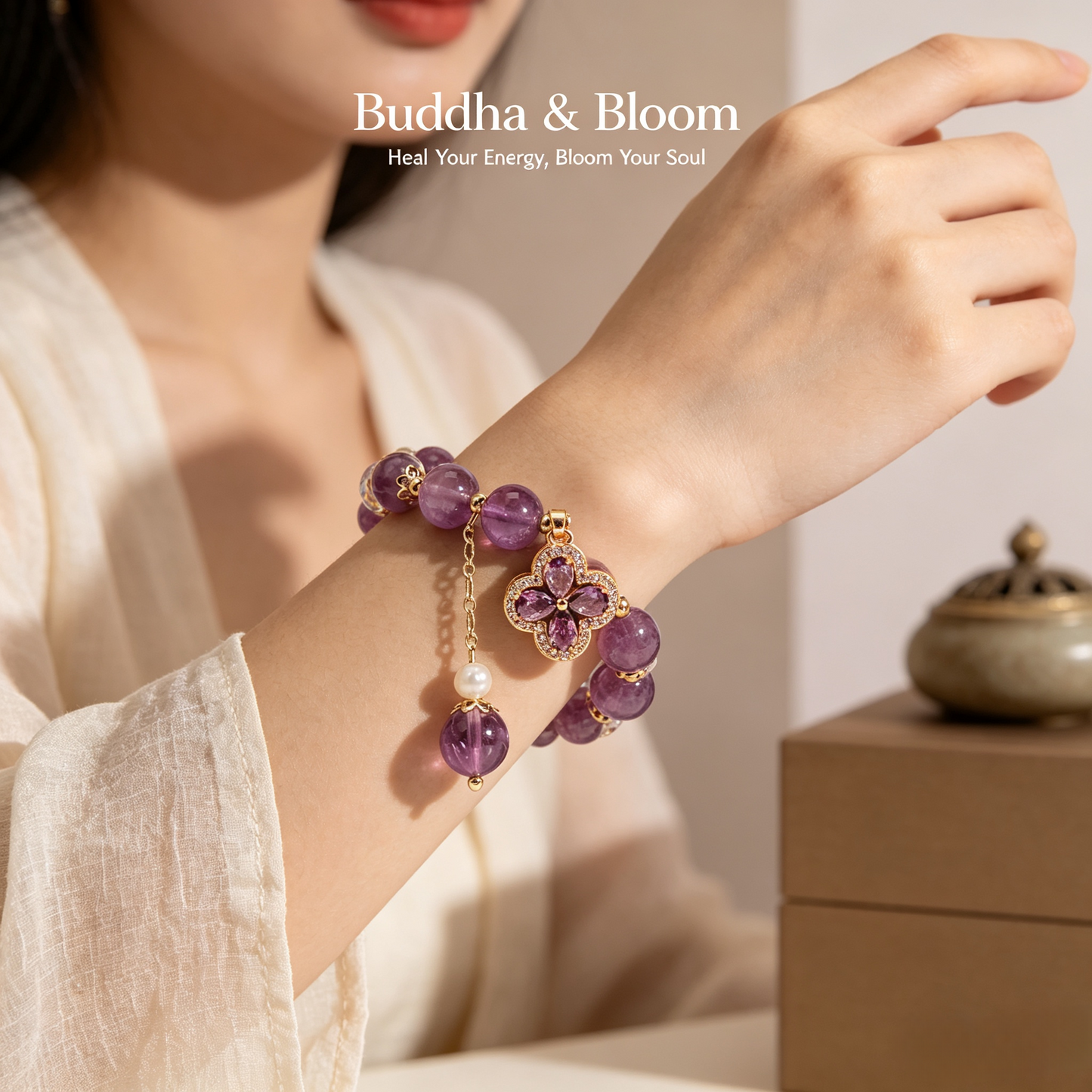 Natural Four-Leaf Clover Purple Crystal Lucky Gemstone Bracelet
