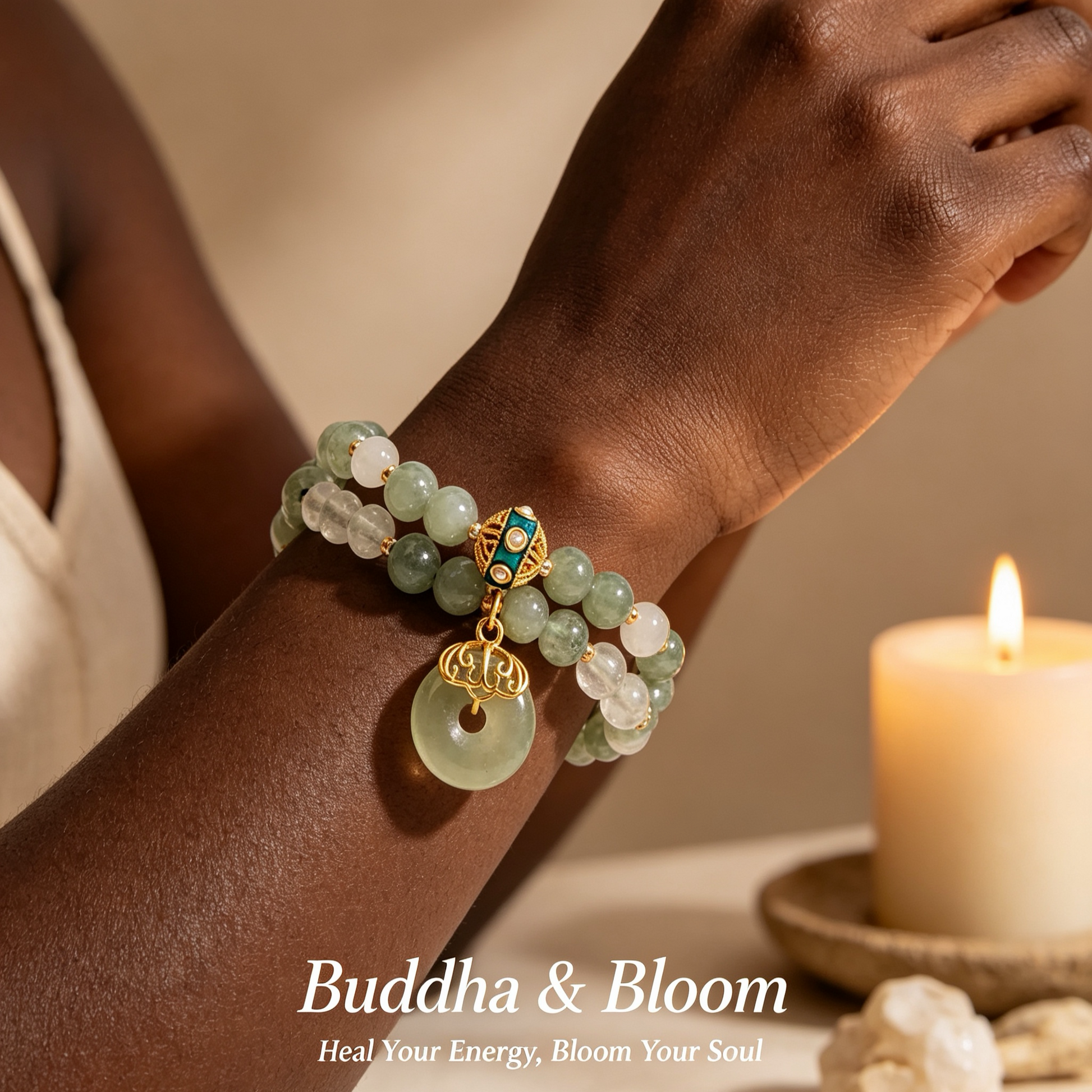 New Chinese Style Double Layer Aventurine Peace Buckle Pendant Bracelet
