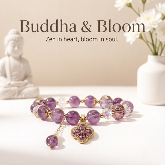 Natural Four-Leaf Clover Purple Crystal Lucky Gemstone Bracelet

