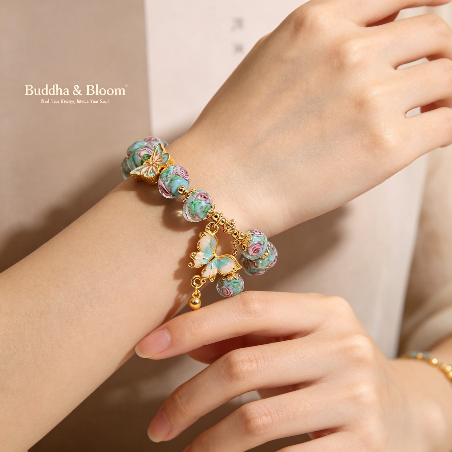New Chinese Style Rose Garden Butterfly Pendant Glass Bracelet
