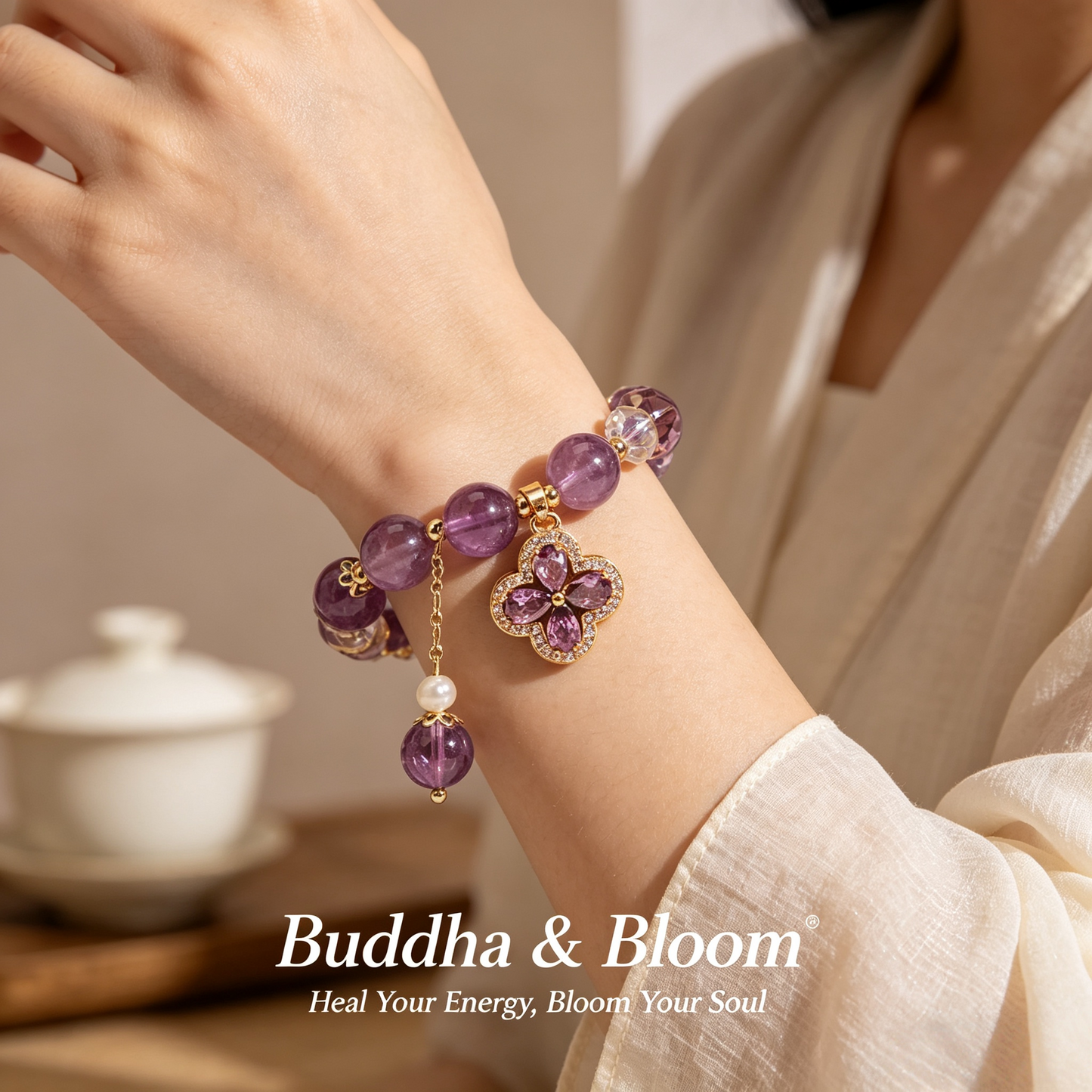 Natural Four-Leaf Clover Purple Crystal Lucky Gemstone Bracelet
