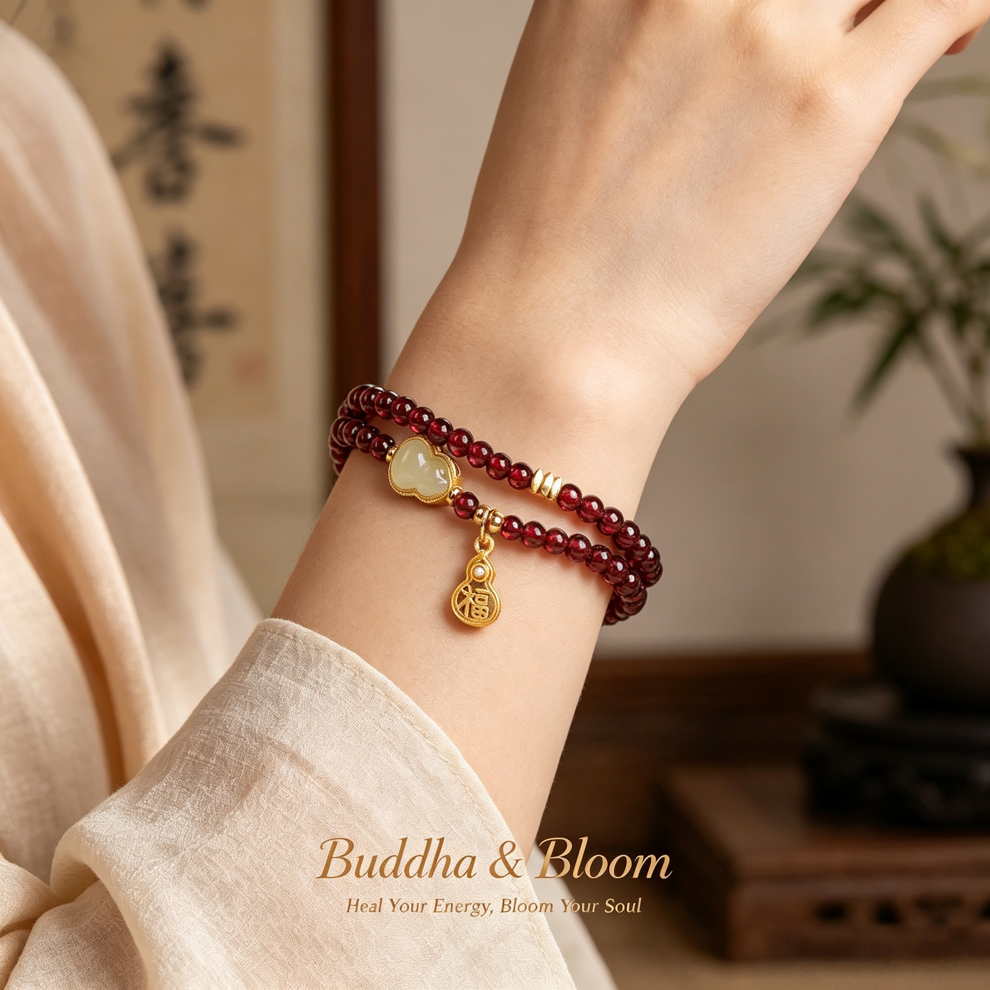 Natural Garnet stackable Gourd Blessing Charm Bracelet for Vitality, Fortune & Affection