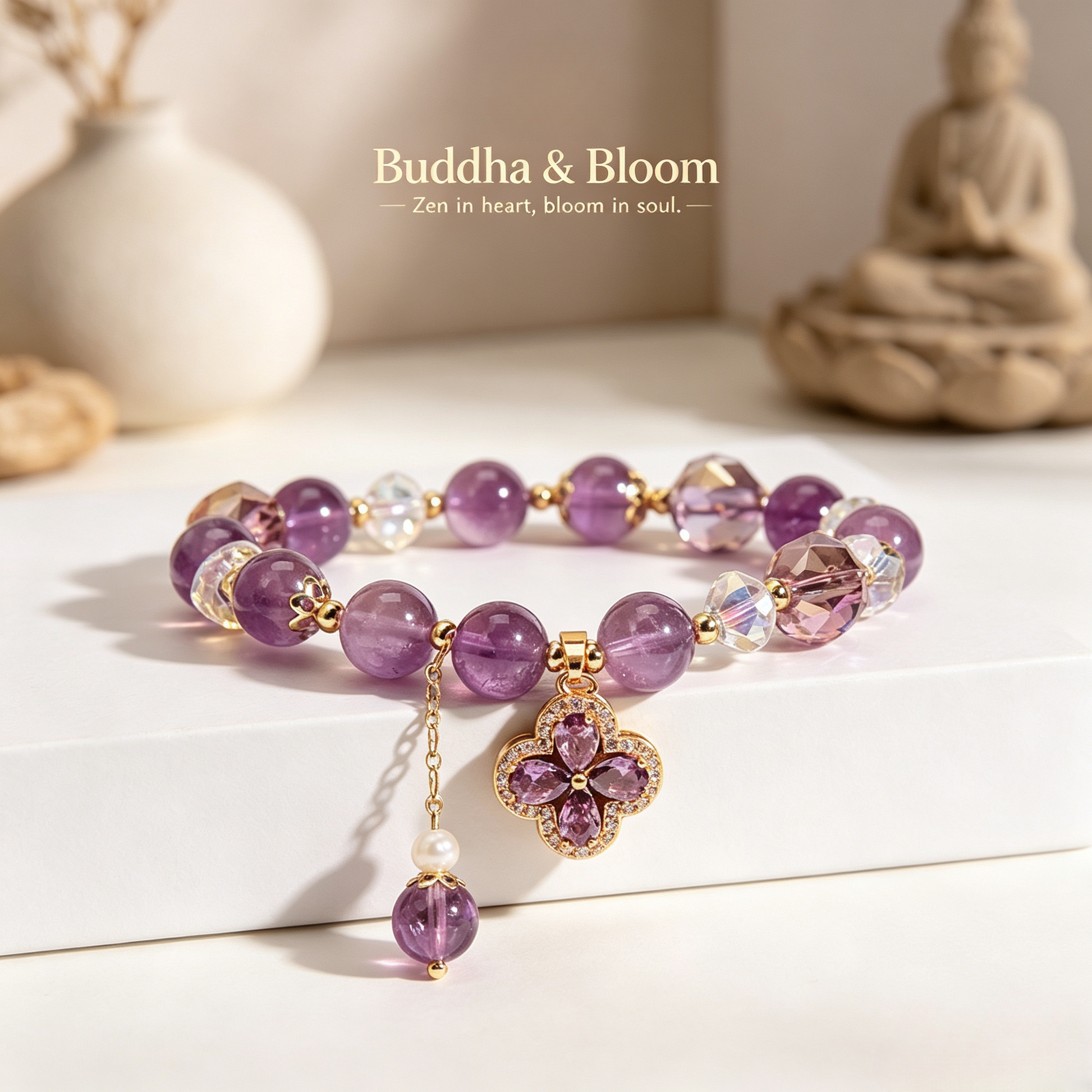 Natural Four-Leaf Clover Purple Crystal Lucky Gemstone Bracelet
