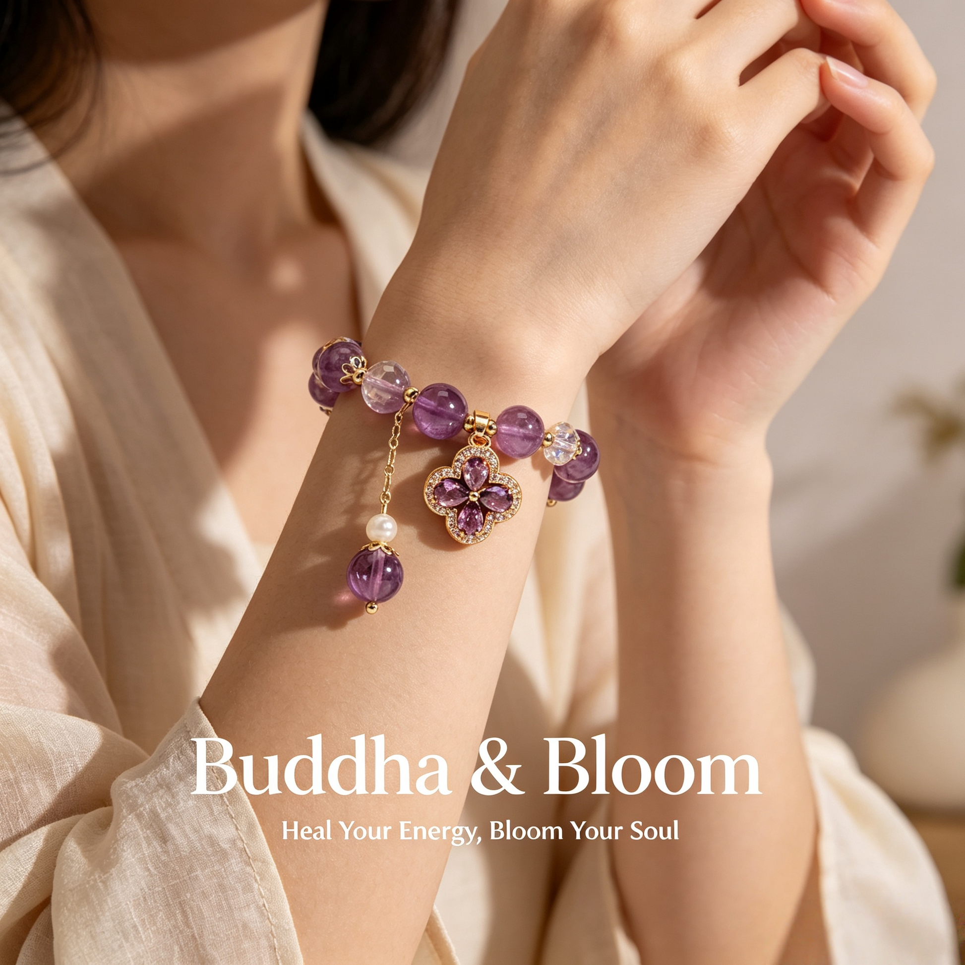 Natural Four-Leaf Clover Purple Crystal Lucky Gemstone Bracelet
