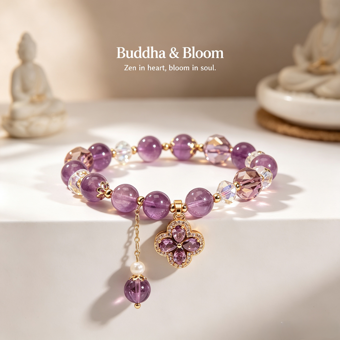 Natural Four-Leaf Clover Purple Crystal Lucky Gemstone Bracelet
