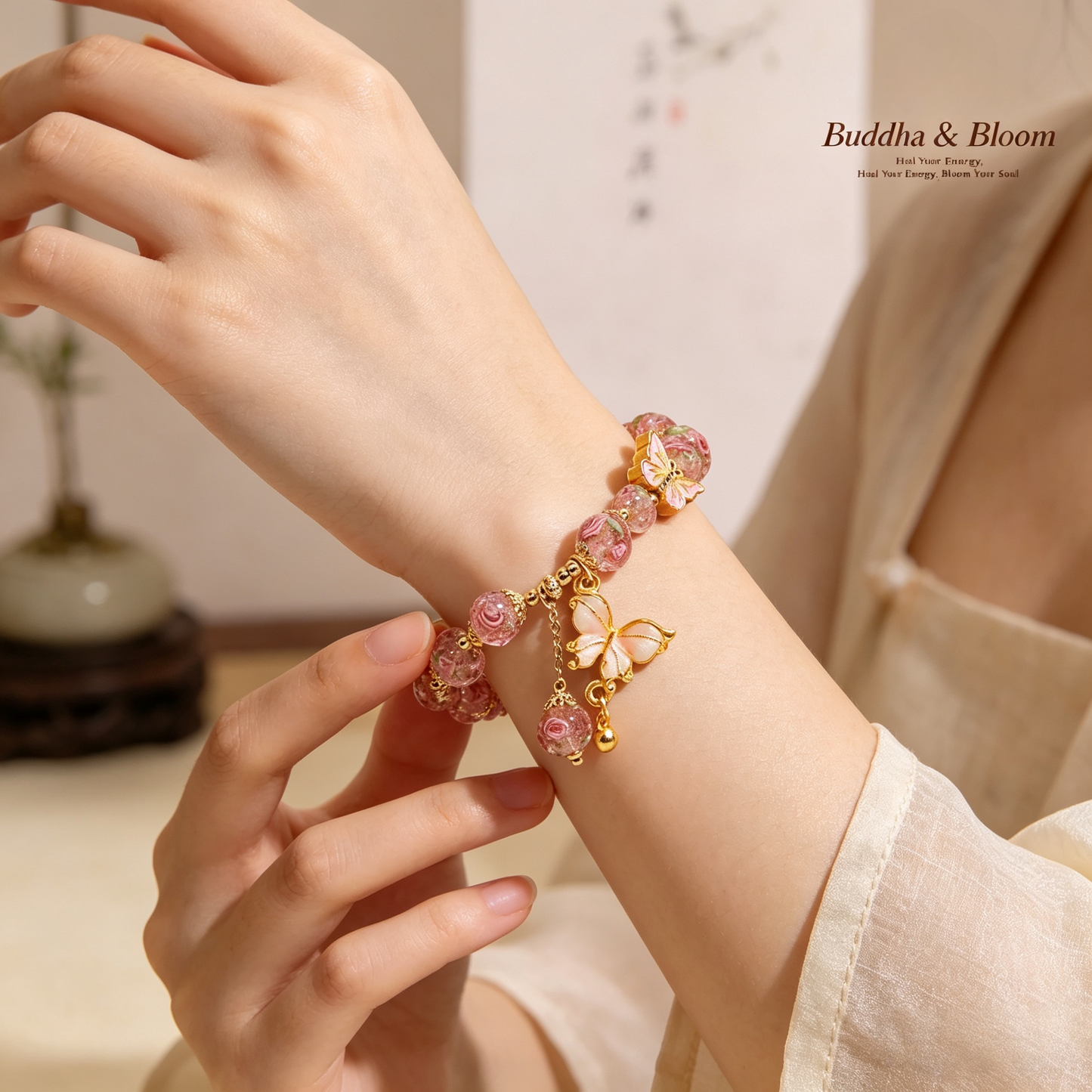 New Chinese Style Rose Garden Butterfly Pendant Glass Bracelet

