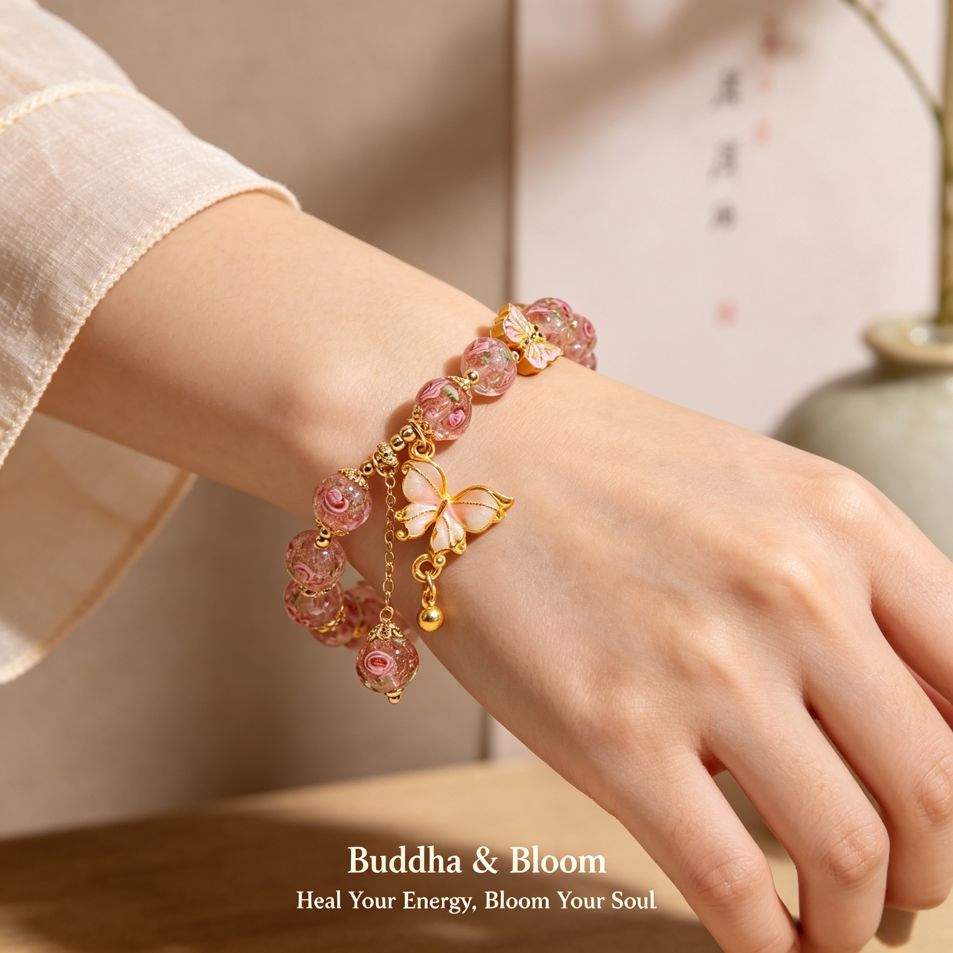 New Chinese Style Rose Garden Butterfly Pendant Glass Bracelet
