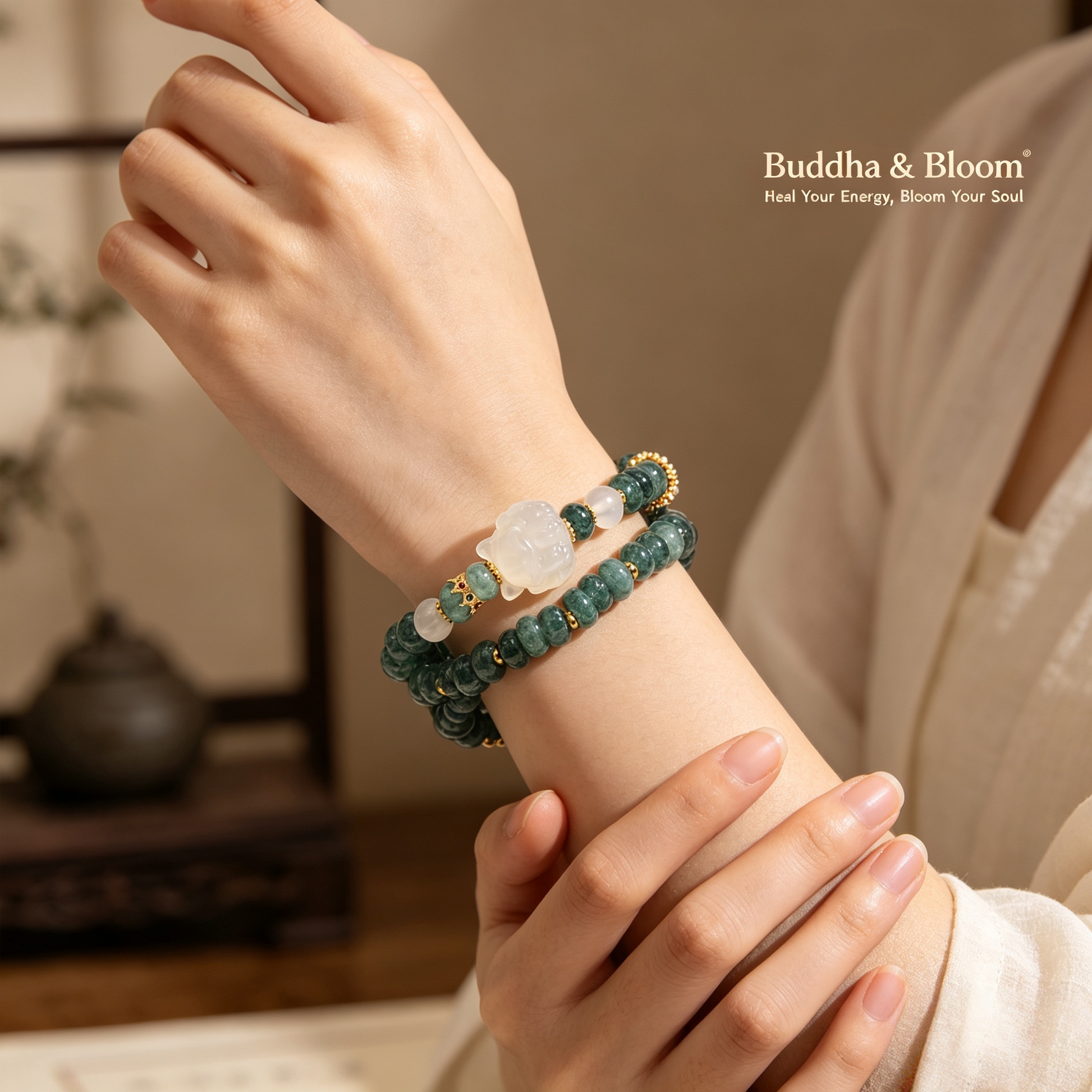 Natural Blue Water Jadeite Chalcedony Fox Double Layer Luxury Women Bracelet
