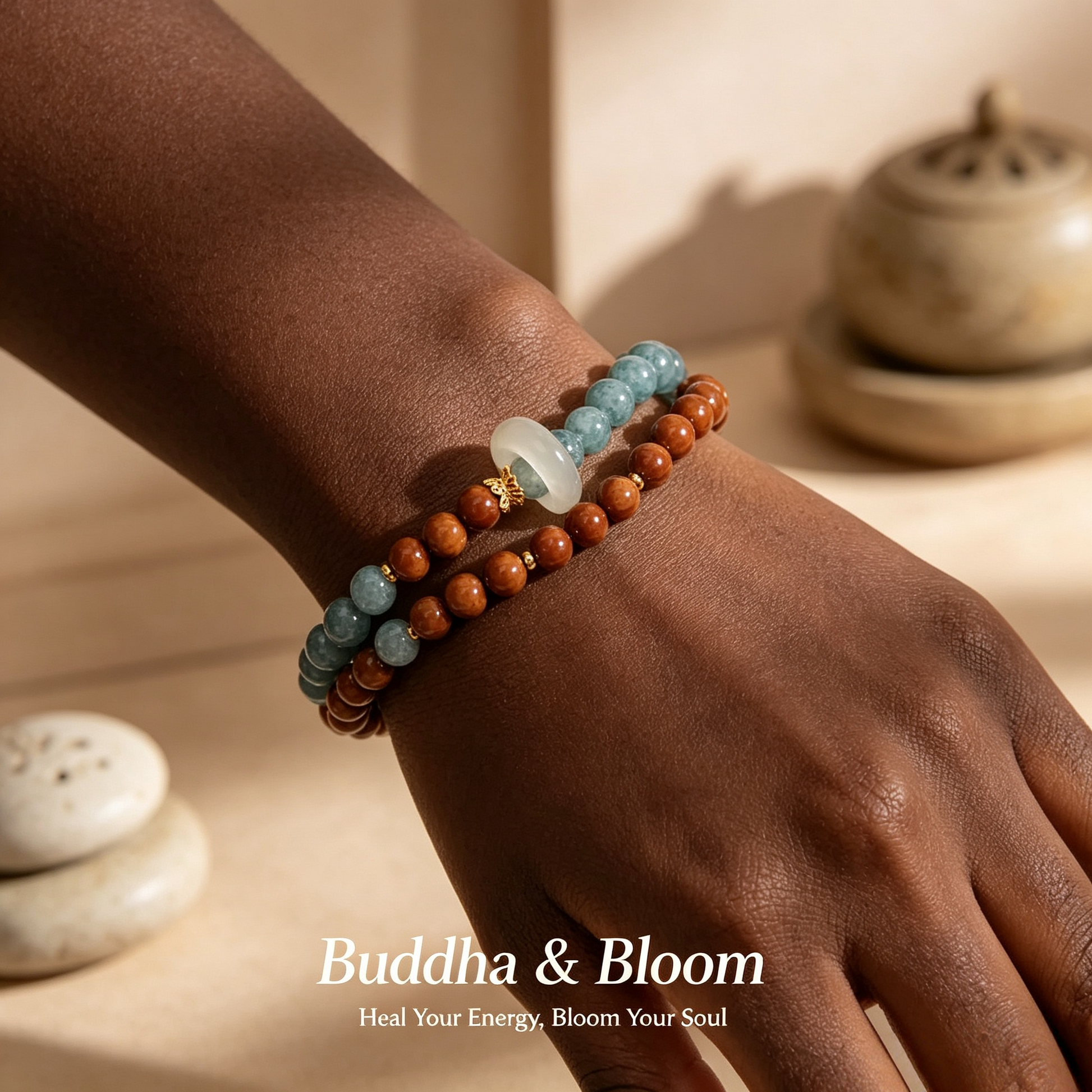 Natural Kuka Wood Double Loop Blue Water Jade Chalcedony Sliding Ring Bracelet
