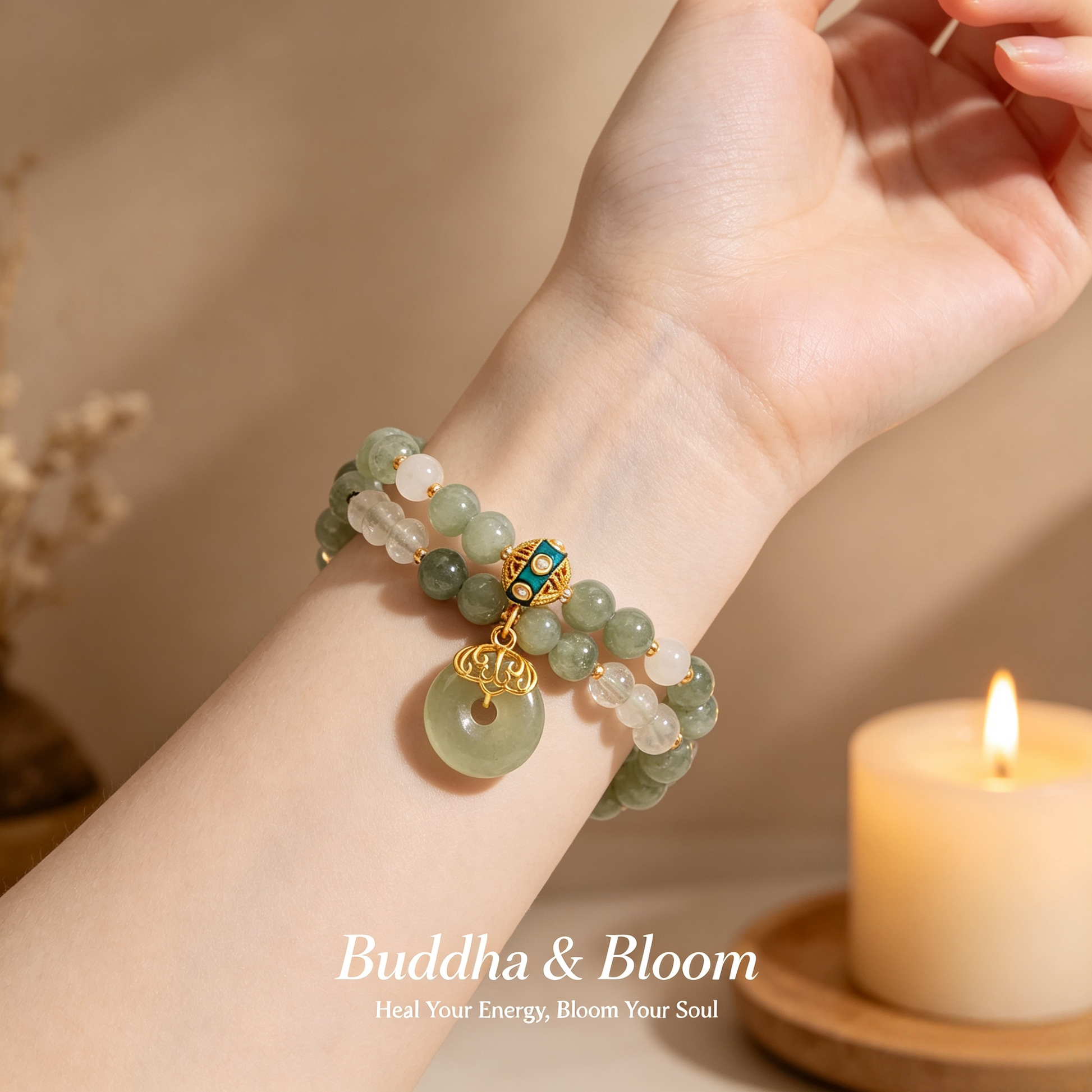 New Chinese Style Double Layer Aventurine Peace Buckle Pendant Bracelet
