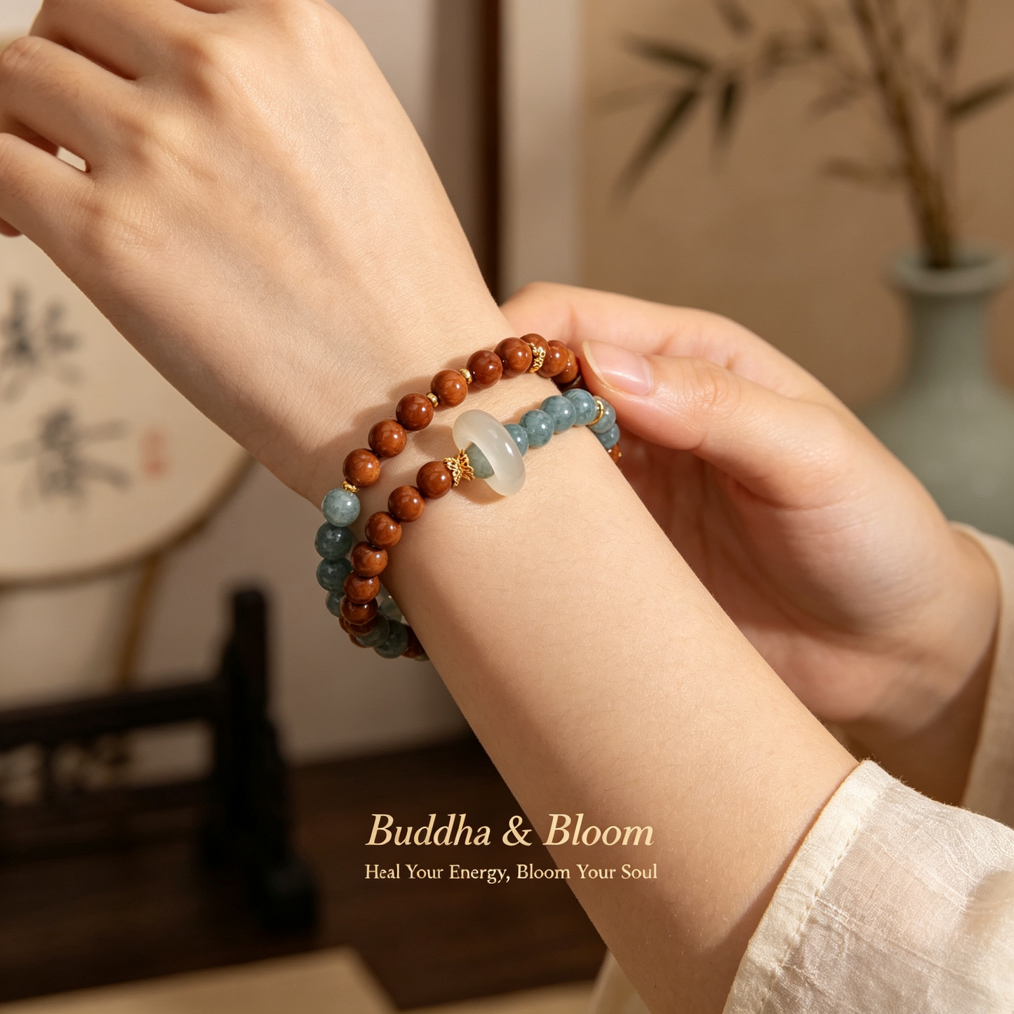 Natural Kuka Wood Double Loop Blue Water Jade Chalcedony Sliding Ring Bracelet
