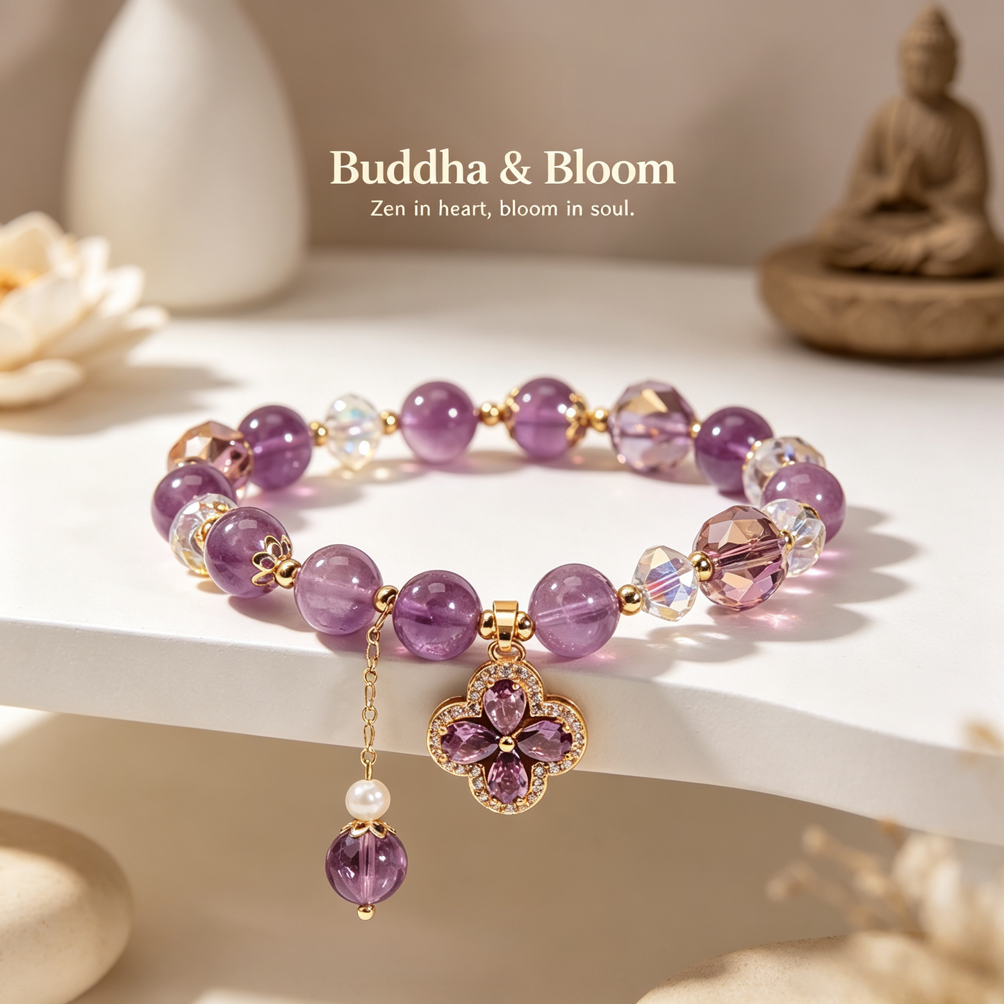 Natural Four-Leaf Clover Purple Crystal Lucky Gemstone Bracelet
