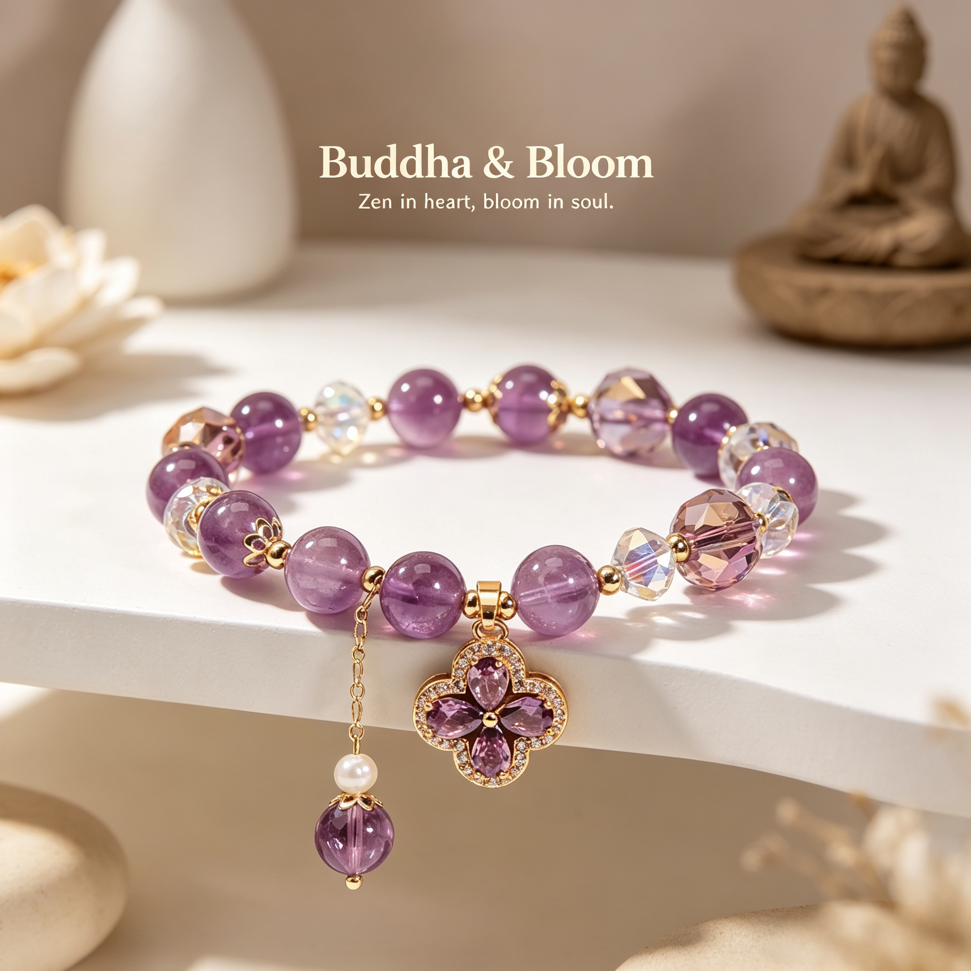 Natural Four-Leaf Clover Purple Crystal Lucky Gemstone Bracelet
